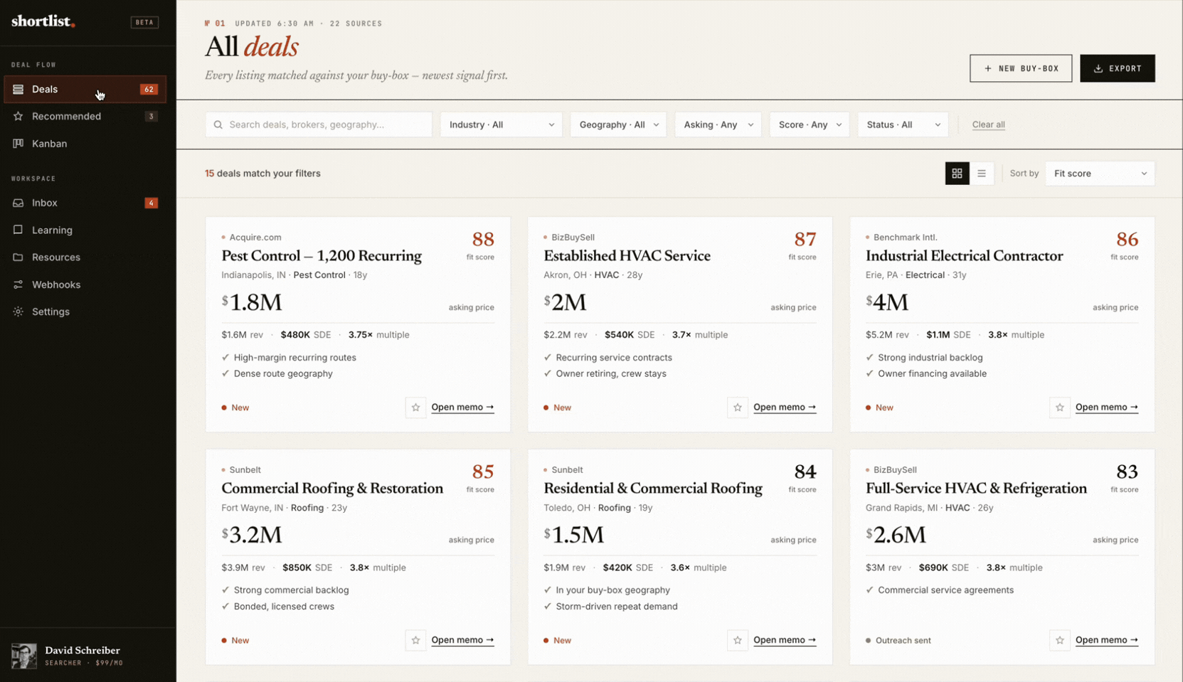 Shortlist web portal — every listing matched against your buy-box, personalized, newest signal first